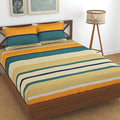 Tib Glace Cotton 78 X 72 Elastic Fitted Bedsheets King Size With 2 Pillow Covers, Pack Of 3, Yellow Lines