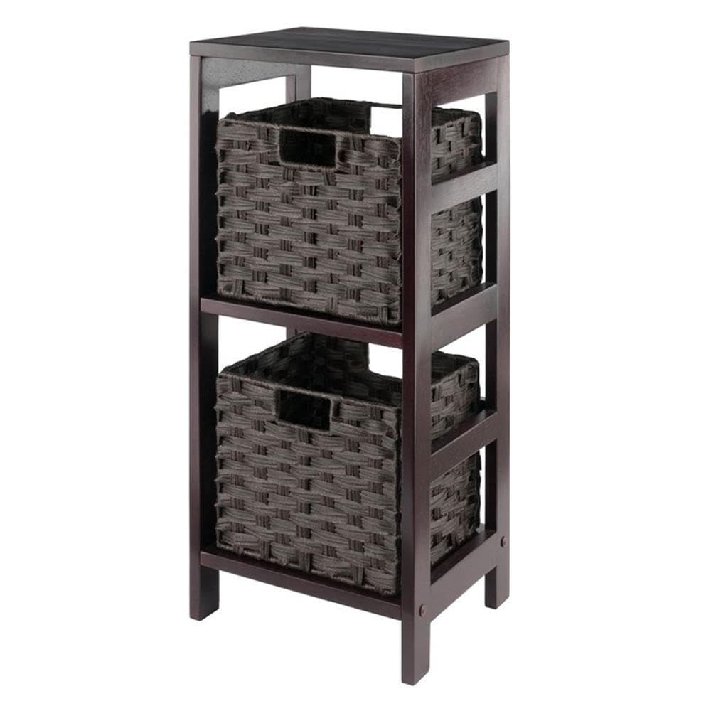 Winsome Leo 2-Tier Storage Shelf with 2 Foldable Woven Baskets, for Living Room, Home Office, Bedroom, Espresso