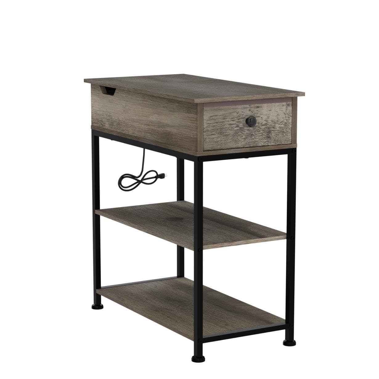 Wlive Narrow Side Table With 2 Usb Ports And 2 Outlets, Flip Top End Table With Drawer And Storage Shelves, End Stand With Charging Station For Living Room, Bedroom, Small Spaces, Greige