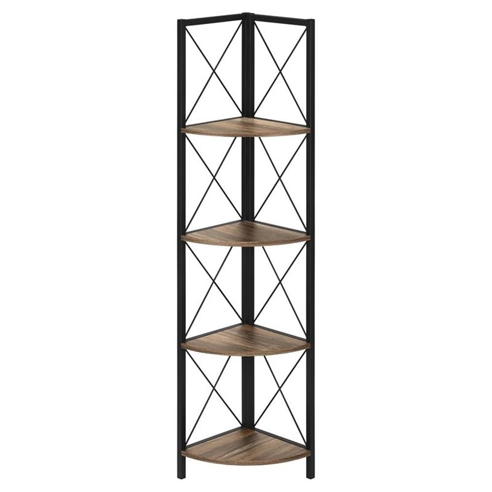 Monarch Specialties I 3646 Bookshelf, Bookcase, Etagere, Corner, 4 Tier, 60&quot; H, Office, Bedroom, Metal, Laminate, Brown, Black, Contemporary, Modern