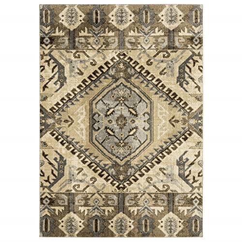 HomeRoots Polypropylene 5’ x 8’ Tan and Gold Central Medallion Indoor Area Rug