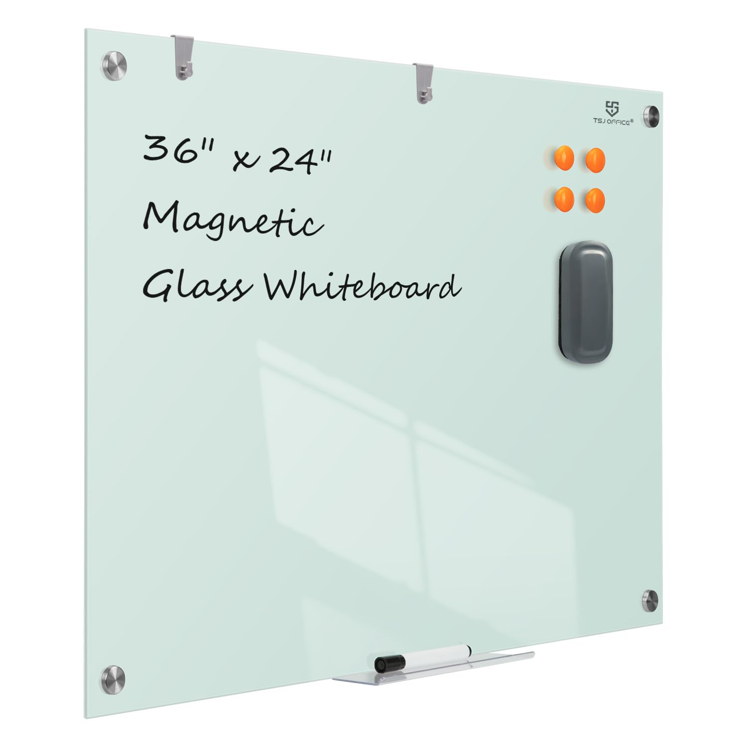Tsj Office Glass Dry-Erase Board - 36 X 24 Inches Wall Mounted Glass Magnetic Whiteboard, Large Frameless Glass White Board For