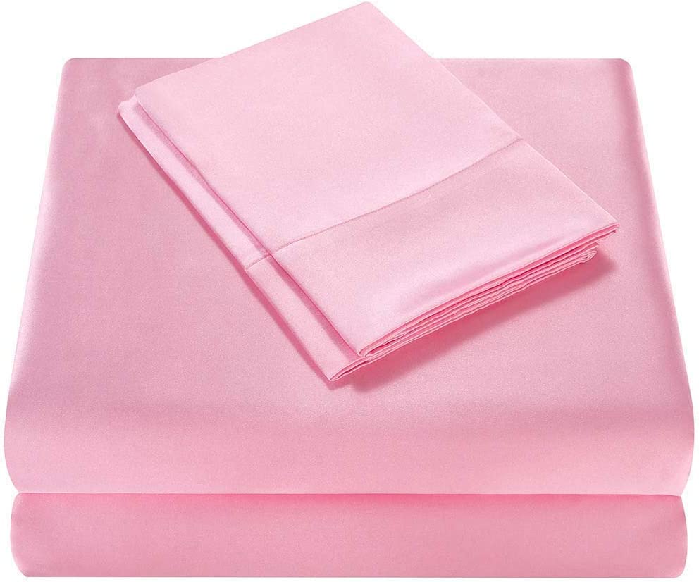 Homiest 4Pcs Rv Short Queen Satin Sheets Set Luxury Silky Satin Bedding Set With 10' Deep Pocket, Camper Queen Sheets, 1 Fitted Sheet + 1 Flat Sheet + 2 Pillowcases (Rv Short Queen, Pink)