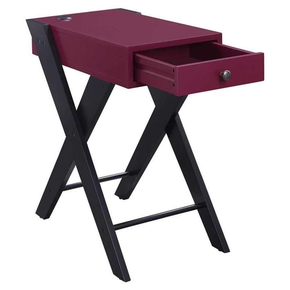 Acme Fierce Wooden Side Table With Usb Charging Dock In Burgundy And Black