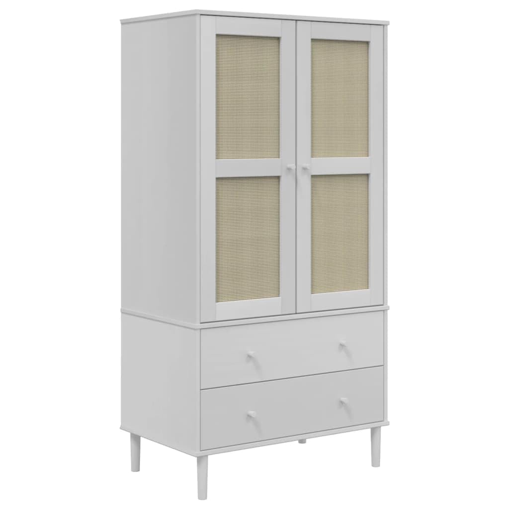 vidaXL SENJA White Wardrobe Caninet with Poly Rattan Look - Ample Storage of Clothes and Accessories, Solid Pine Wood and Engineered Wood Construction, Midcentury Modern Boho Aesthetic