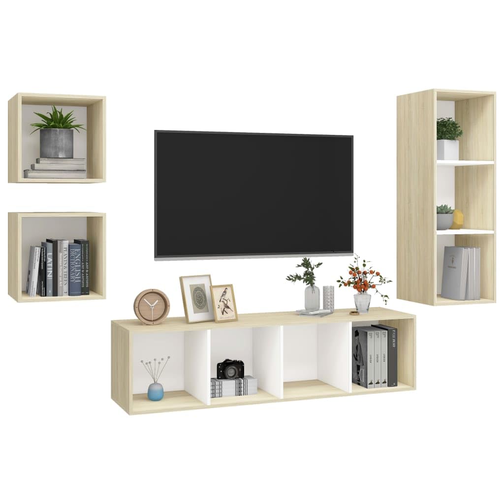 vidaXL TV Stand Set 4 Piece, TV Unit for Living Room Bedroom, Sideboard with Storage, Media Unit Cupboard, Modern, White and Oak Engineered Wood