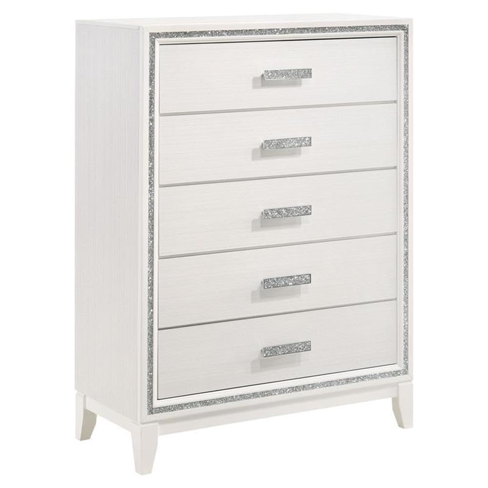 Acme Haiden 5-Drawer Bedroom Wooden Chest with Shimmering Trim in White