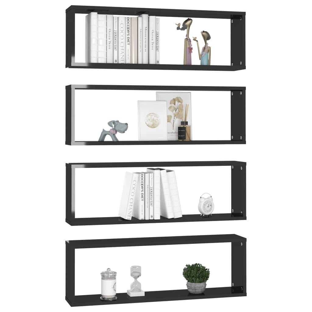 vidaXL Wall Cube Shelves 4 pcs High Gloss Black 31.5"x5.9"x10.4" Engineered Wood