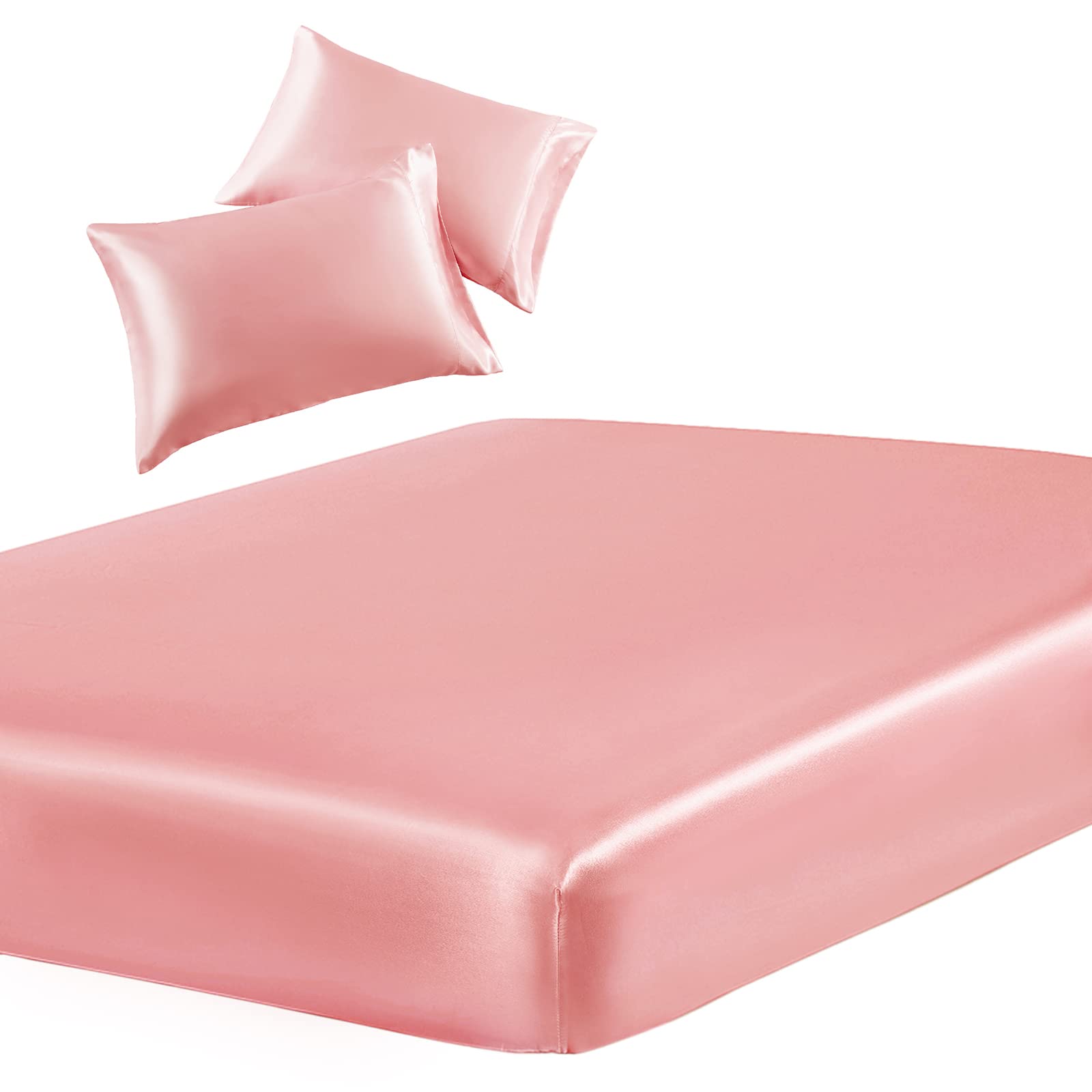 SiinvdaBZX 3-Piece Set Satin King Fitted Sheet & 2 Pillowcase, Blush Pink Silky Soft Fitted Bottom Sheet, Wrinkle Free, Fade Res