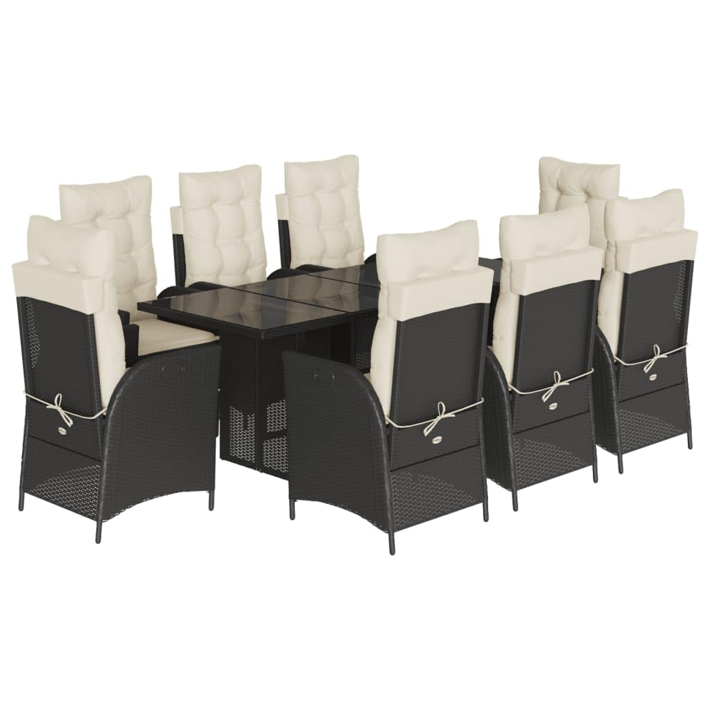 vidaXL 9 Piece Patio Dining Set - Black Poly Rattan/Tempered Glass Table/Cushioned Outdoor Chairs - Perfect for Garden, Backyard, Patio