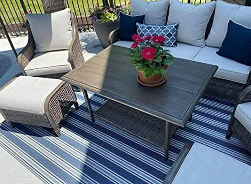 Mad Mats Geometric Outdoor Rug, Reversible Plastic Mat (5' X 8', Vertical Stripe - Blue/White)