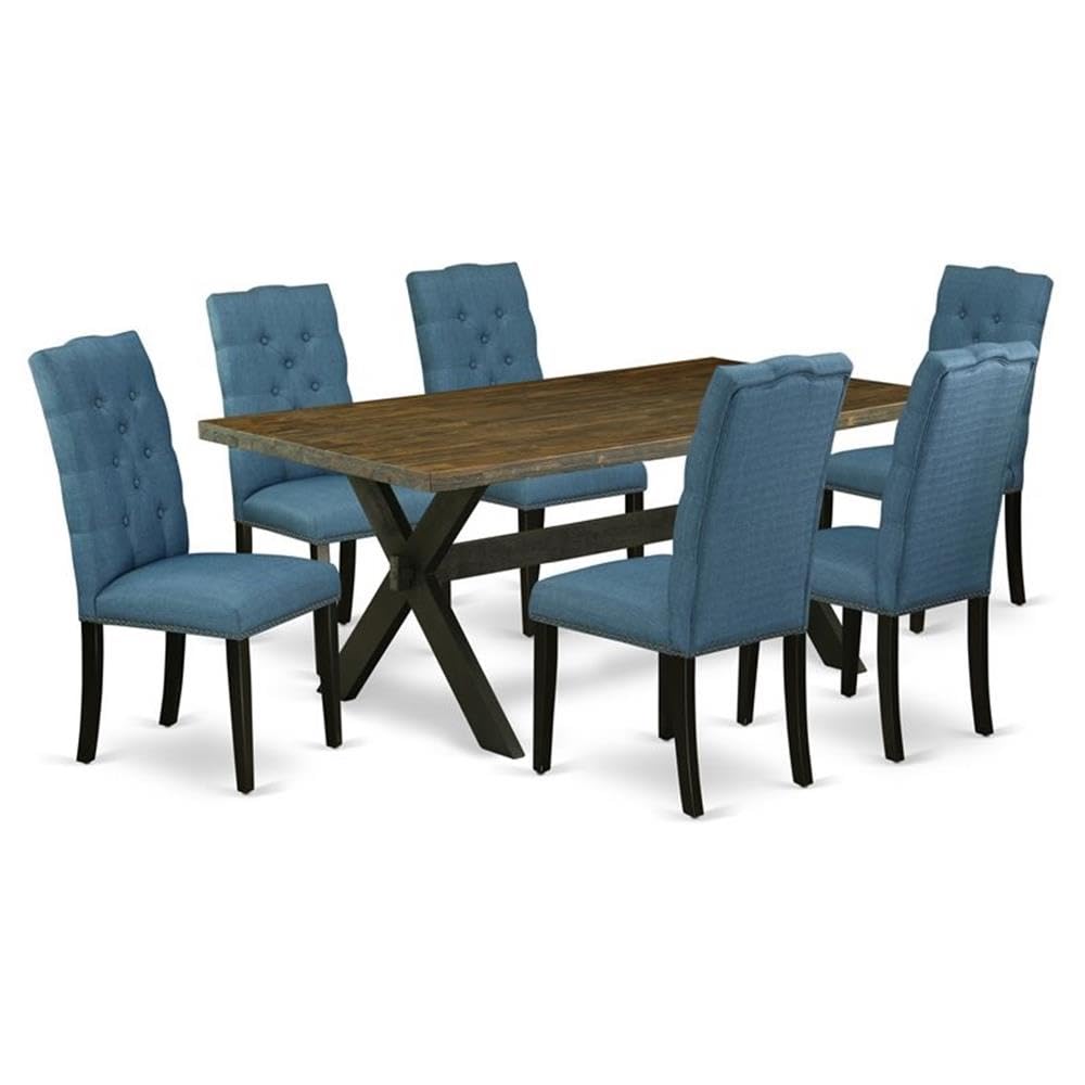 East West Furniture X677El121-7 7 Piece Dining Table Set Consist Of A Rectangle Dining Room Table With X-Legs And 6 Blue Linen Fabric Upholstered Parson Chairs, 40X72 Inch, Multi-Color