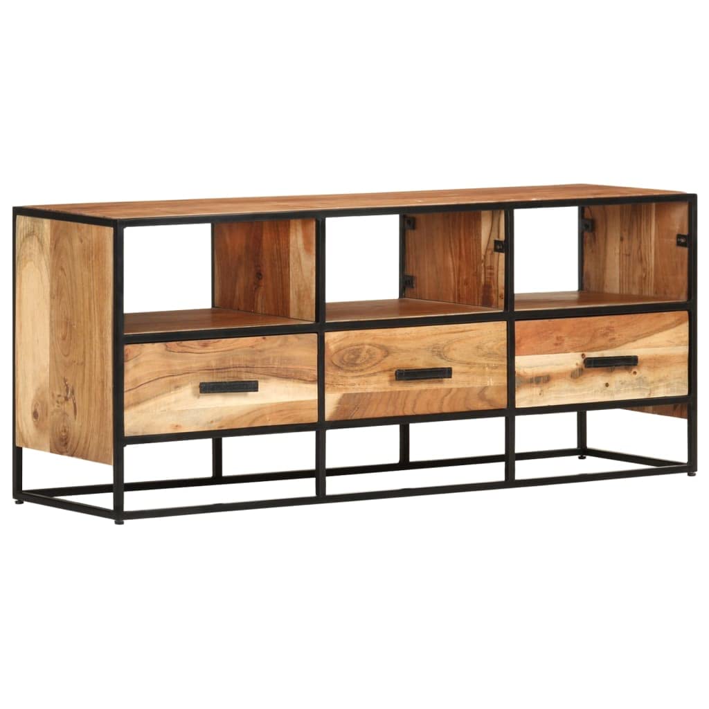 vidaXL Acacia Wood TV Stand with Iron Frame - Rustic-Industrial Style, Functional 3 Drawers and 3 Shelves, Sturdy Sideboard - 43.3"x11.8"x17.7"