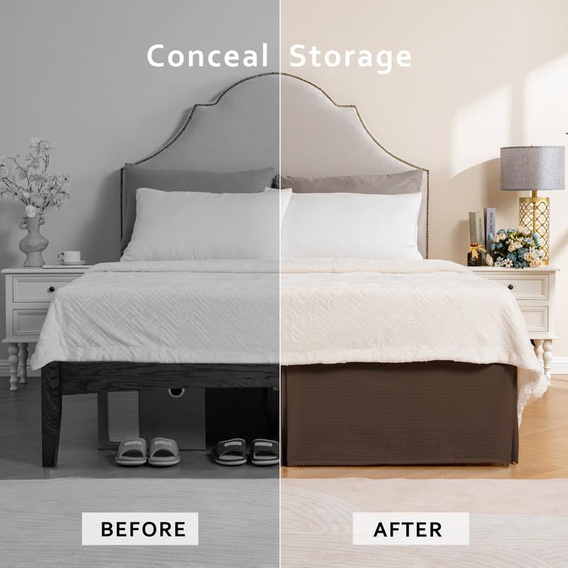 Miye Pleated Waffle Weave Bed Skirt, Tailored Dust Ruffle 18 Inch Drop Easy Fit, Machine Washable (Brown, Queen - 18'' Drop)