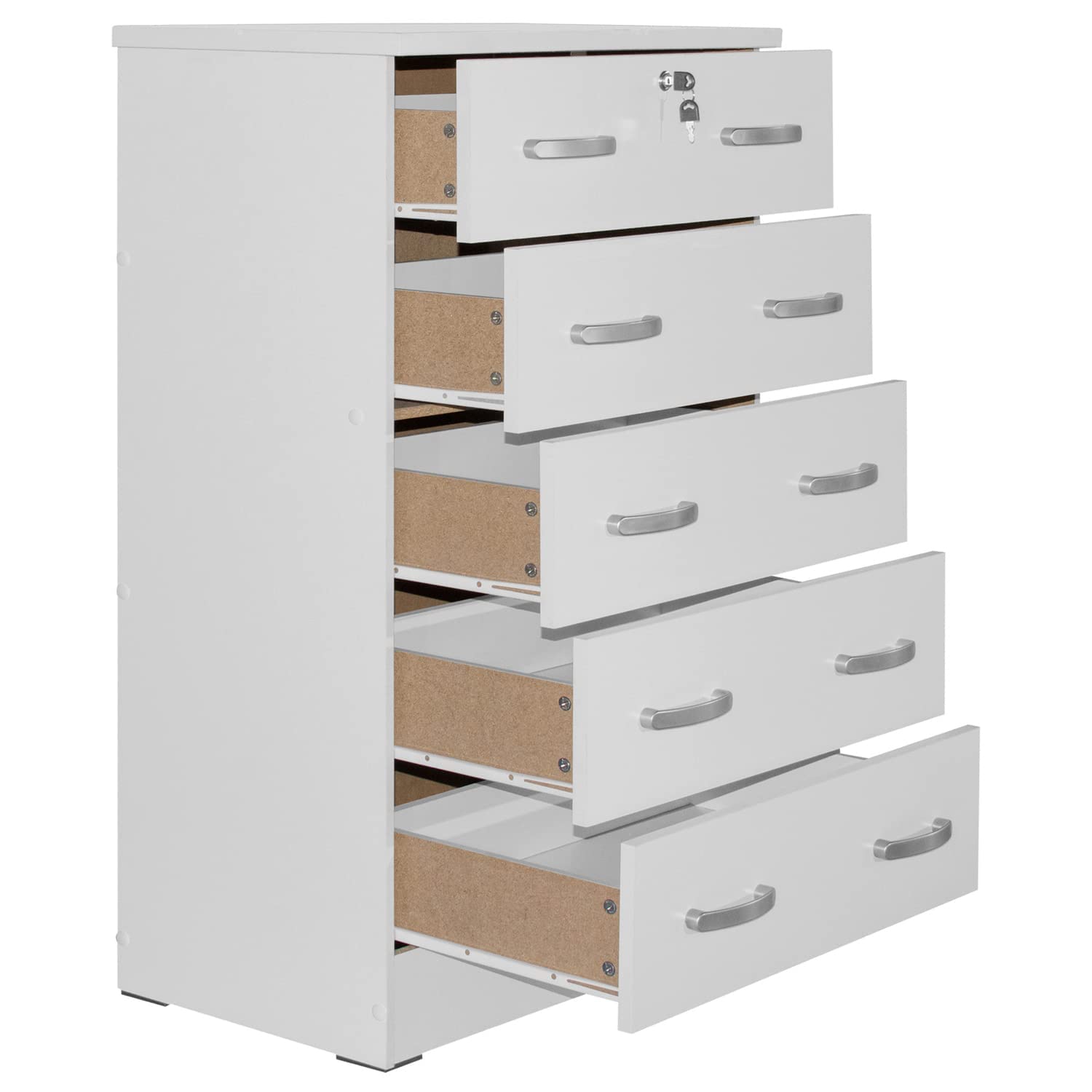 Better Home Products Cindy 5 Drawer Chest Wooden Dresser With Lock In White