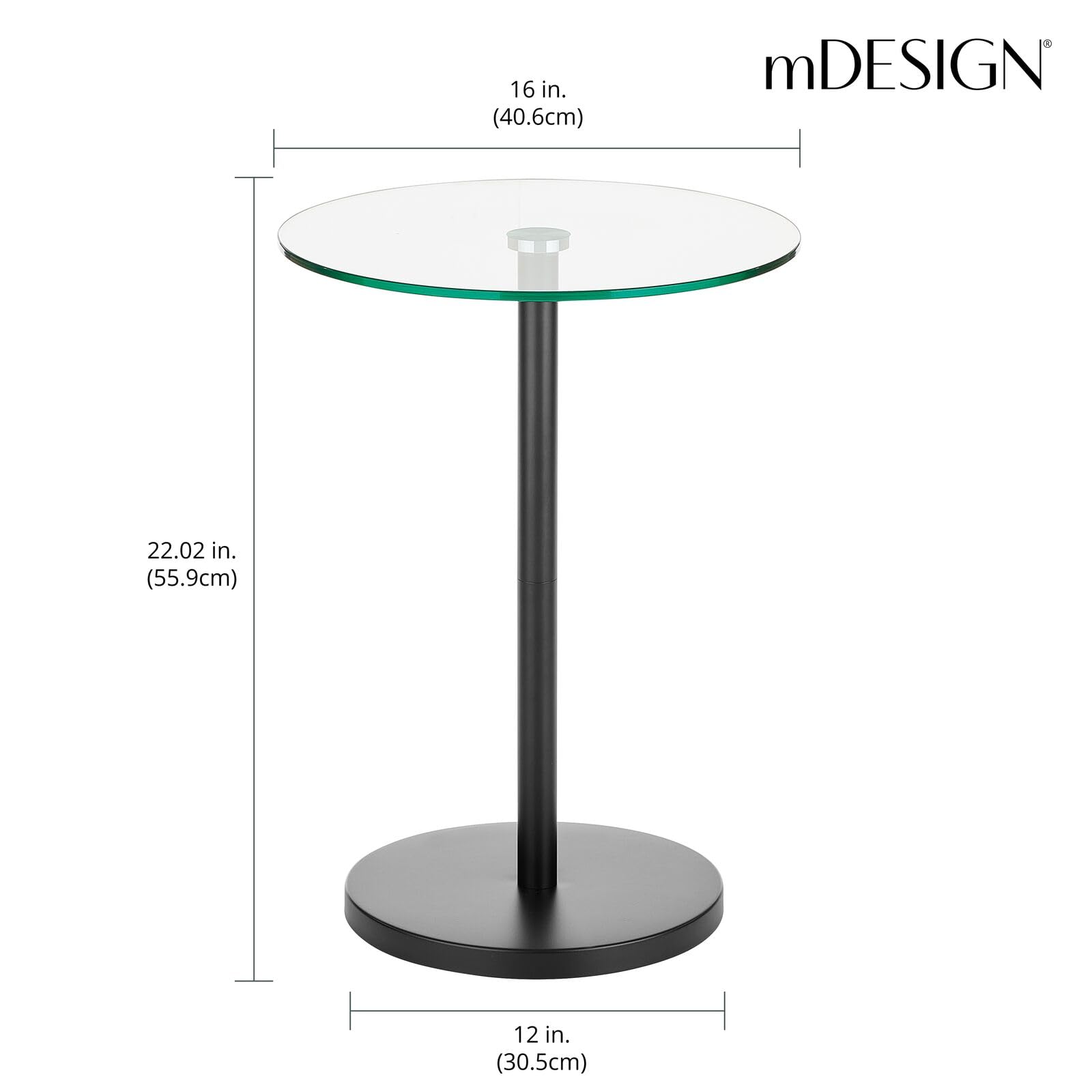 Mdesign Glass Top Side/End Drink Table - Tall Modern Round Accent Metal Nightstand Furniture For Living Room, Dorm, Home Office, And Bedroom - 16' Round - Clear/Matte Black