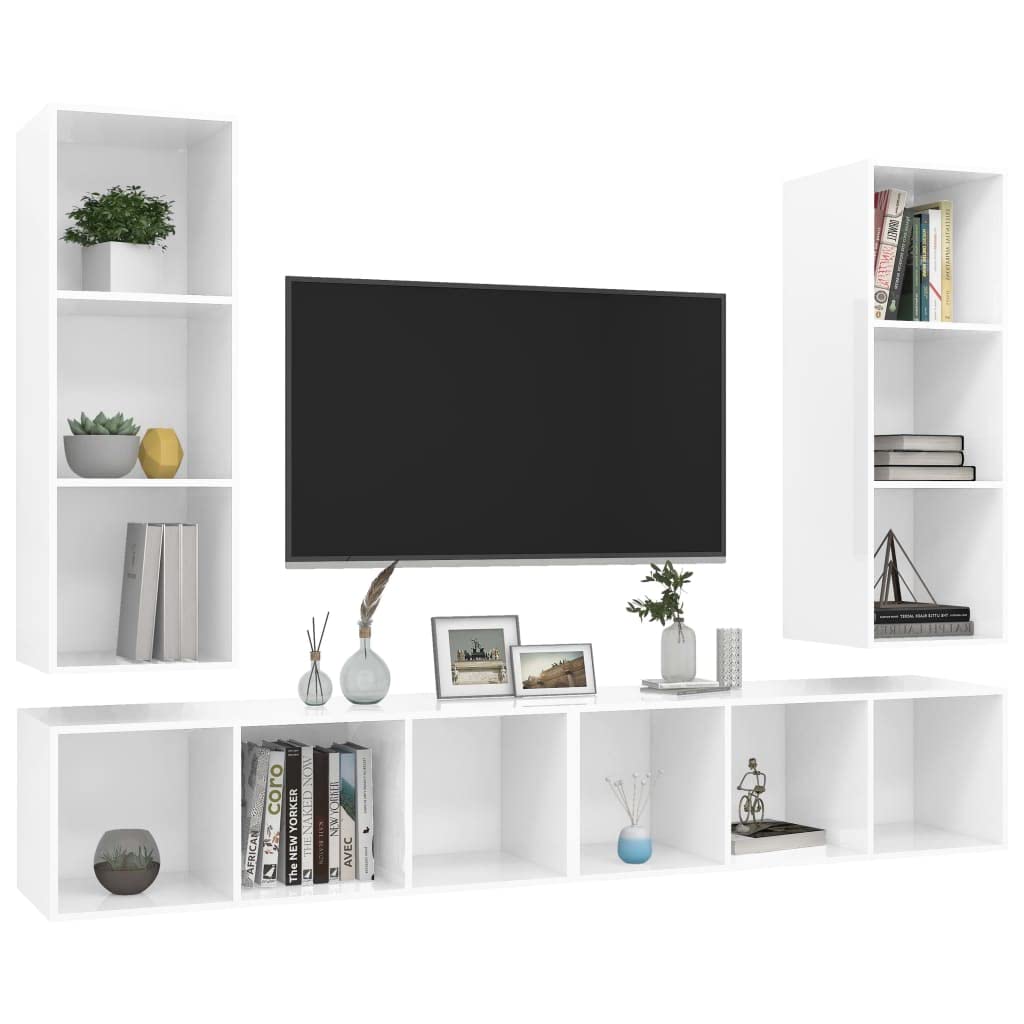 vidaXL 4X Wall-Mounted TV Cabinets Hanging Stand Unit Stereo Storage HiFi Plasma Living Room Home Furniture High Gloss White Engineered Wood
