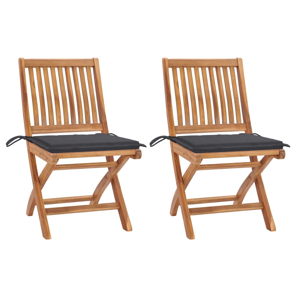 vidaXL 2-Piece Solid Teak Wood Patio Chairs - Outdoor Garden Furniture with Comfortable Anthracite Cushions - Folding Design for Easy Storage