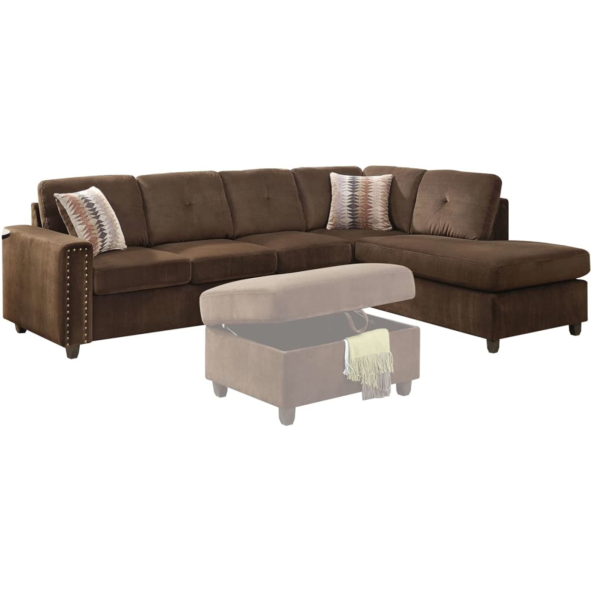 acme 52700 2 Piece Belville Reversible Sectional Sofa with Pillows - Chocolate Velvet