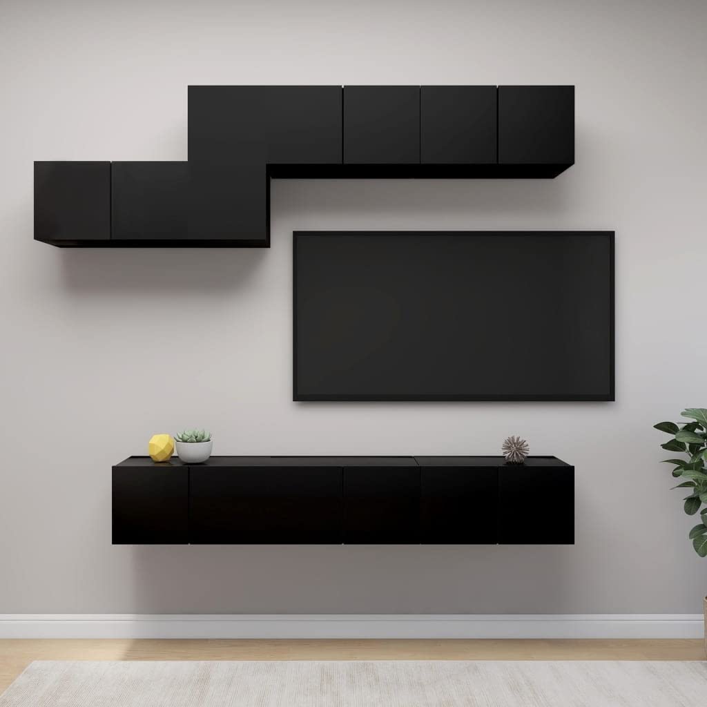 vidaXL TV Cabinet Set 7 Piece Home Living Room Furniture TV Stand HiFi Stereo Cabinet Media Unit Entertainment Center Black Engineered Wood