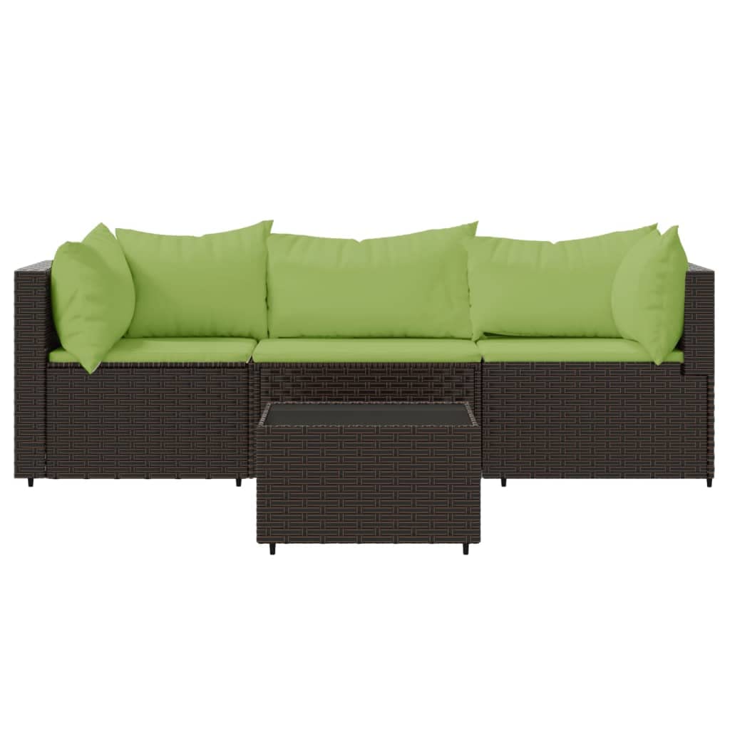 vidaXL Poly Rattan 4-Piece Patio Lounge Set in Brown with Green Cushions - Weather-Resistant, Powder-Coated Steel Frame, Comfortable Backrest and Cushions, Tempered Glass Tabletop