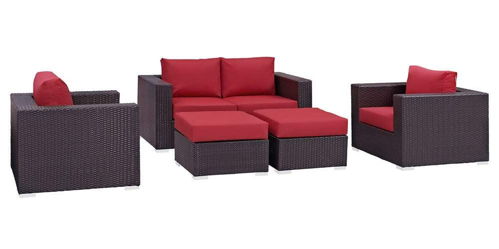 Modway Convene Wicker Rattan 5-Piece Outdoor Patio Furniture Set With Cushions In Espresso Red