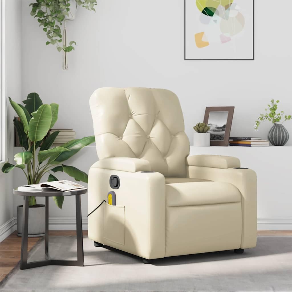 vidaXL Leather Massage Recliner Chair for Living Room, Home Theater, 6-Point Vibration Massage, Adjustable Back & Footrest, Cup Holders, Cream