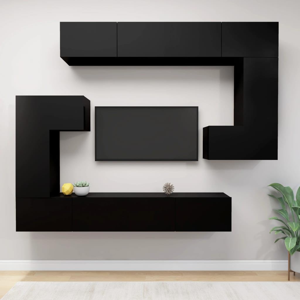vidaXL TV Cabinet Set 8 Piece Home Living Room Bedroom Furniture HiFi Stereo Cabinet TV Stand Media Unit Entertainment Center Engineered Wood Black