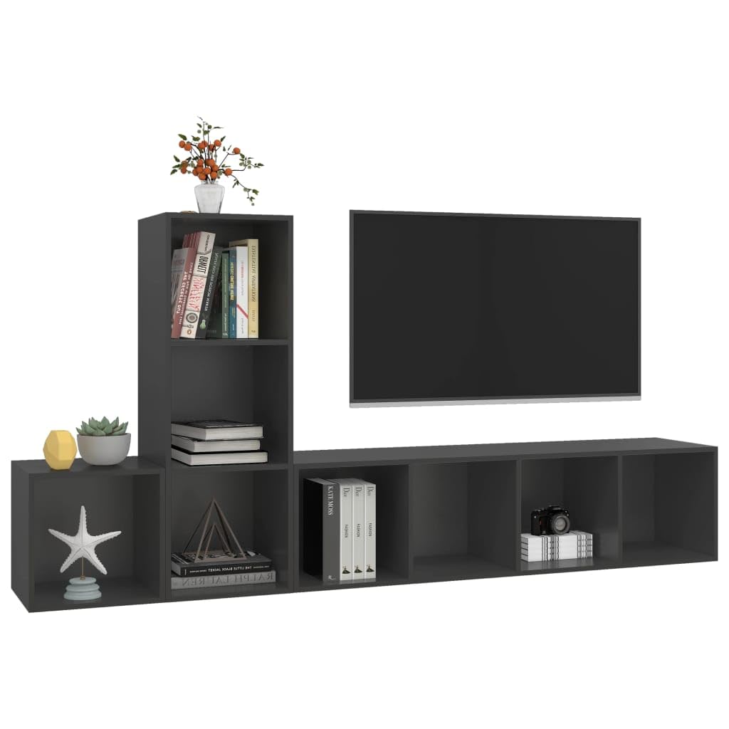 vidaXL TV Stand Set 3 Piece Wall Mounted Hanging Stand Unit Stereo Storage HiFi Plasma Cabinet for Living Room Furniture Gray Engineered Wood