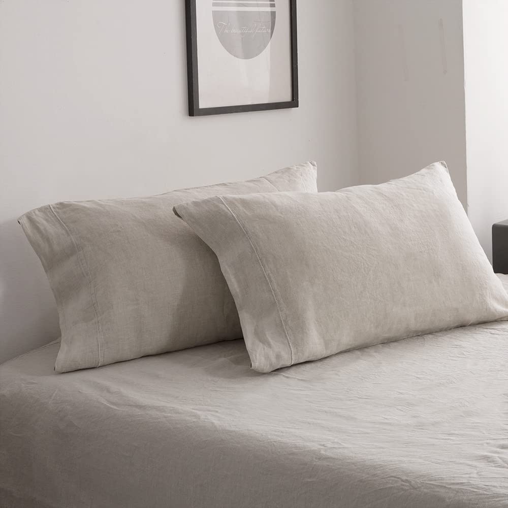 Simple&Opulence 100% French Linen Pillowcase King Size-Set Of 2- Washed Solid Color Pillow Cases Embroidered -Soft And Durable (