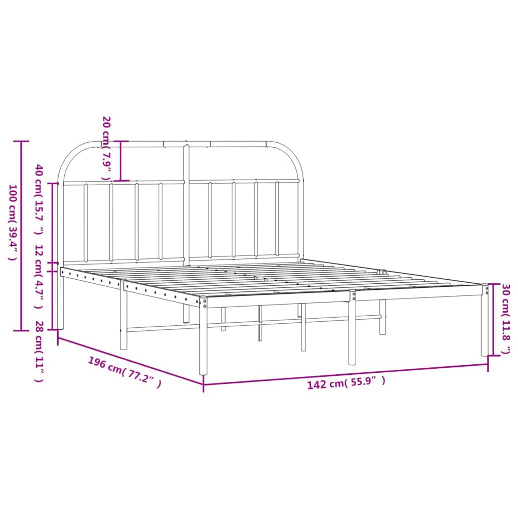 vidaXL Black Metal Bed Frame with Headboard - 53.9&quot;x74.8&quot;, Traditional Powder-Coated Steel Construction, with Metal Slats and Center Legs, Extra Under-Bed Storage Space