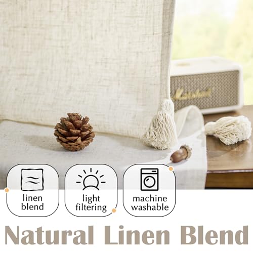 Jinchan Linen Curtains With Tassels Curtains For Living Room 63 Inch Length Boho Curtains Rod Pocket Back Tab Pom Poms Linen Farmhouse Bedroom Curtains Semi Sheer 2 Panels Ecru Window Curtain Set