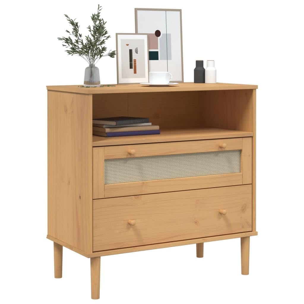 vidaXL SENJA Brown Sideboard – Modern Rattan Look Side Cabinet in Solid Pine Wood with UV Varnish Finish – Ample Storage with Drawers and Compartment – Home and Office Furniture
