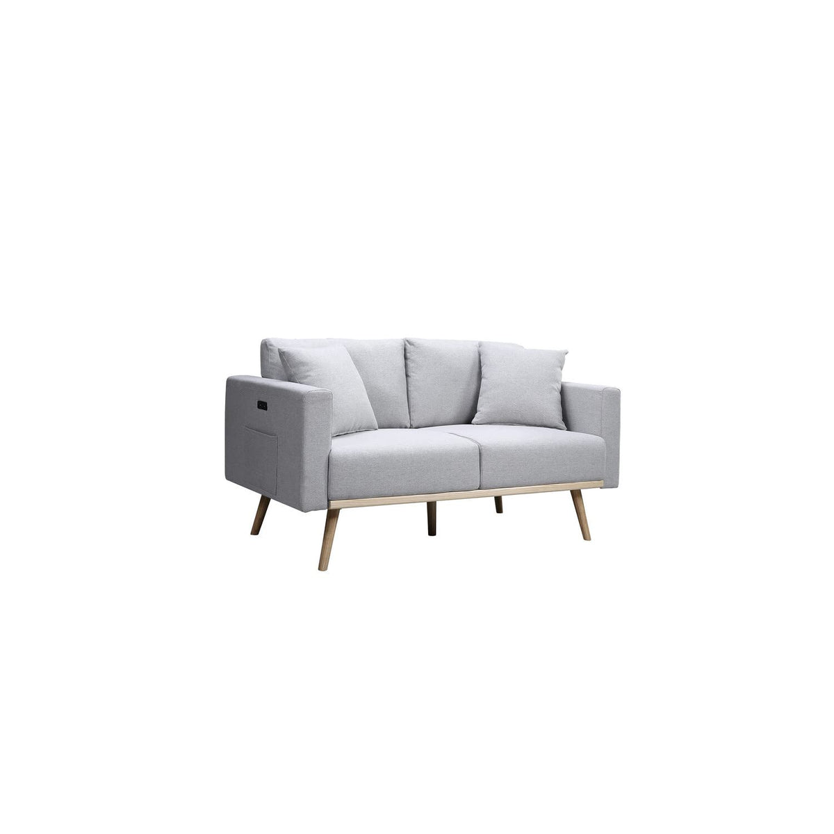 Lilola Home Easton Light Gray Linen Fabric Loveseat with USB Charging Ports Pockets & Pillows