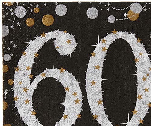 Sparkling Celebration 60Th Beverage Napkins (5'' X 5'') Packs Of 16 - Gold, Silver & Black Elegance - Perfect For 60Th Birthday