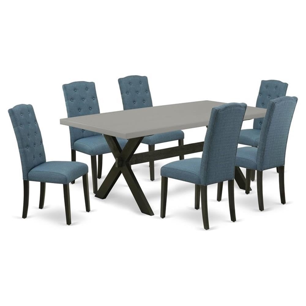 East West Furniture X697Ce121-7 7 Piece Kitchen Table Set Consist Of A Rectangle Dining Table With X-Legs And 6 Mineral Blue Linen Fabric Parson Dining Chairs, 40X72 Inch, Multi-Color
