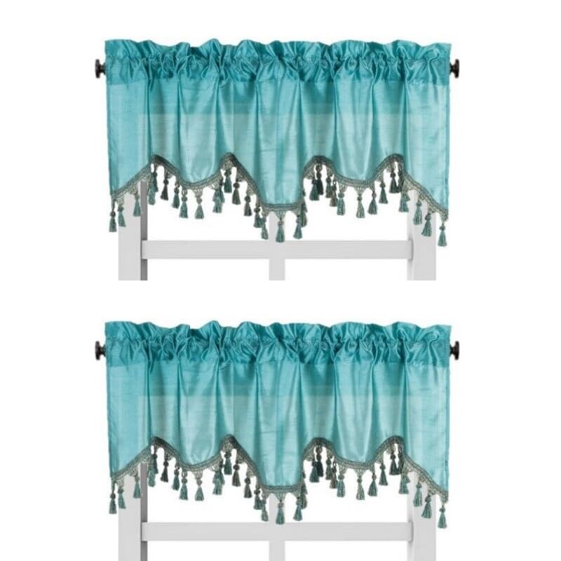 Solid Faux Silk Swag Waterfall Cascade Ascot Window Curtain Valance W/Tassels Trim 55' X18' Wave (2, Teal)
