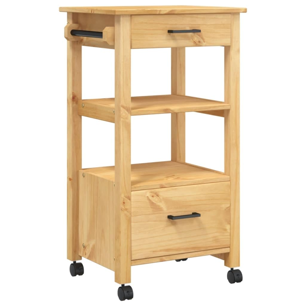 vidaXL Solid Pine Wood Rolling Kitchen Trolley - Brown Food/Vegetable Trolley Cart with Drawers, Shelves, and Wheels