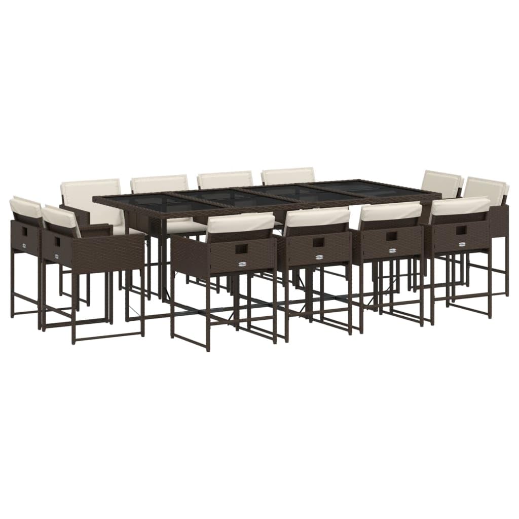 vidaXL 13-Piece Patio Dining Set - Brown Poly Rattan, Glass Tabletop, Foldable Chairs with Cushions for Garden, Backyard, Patio