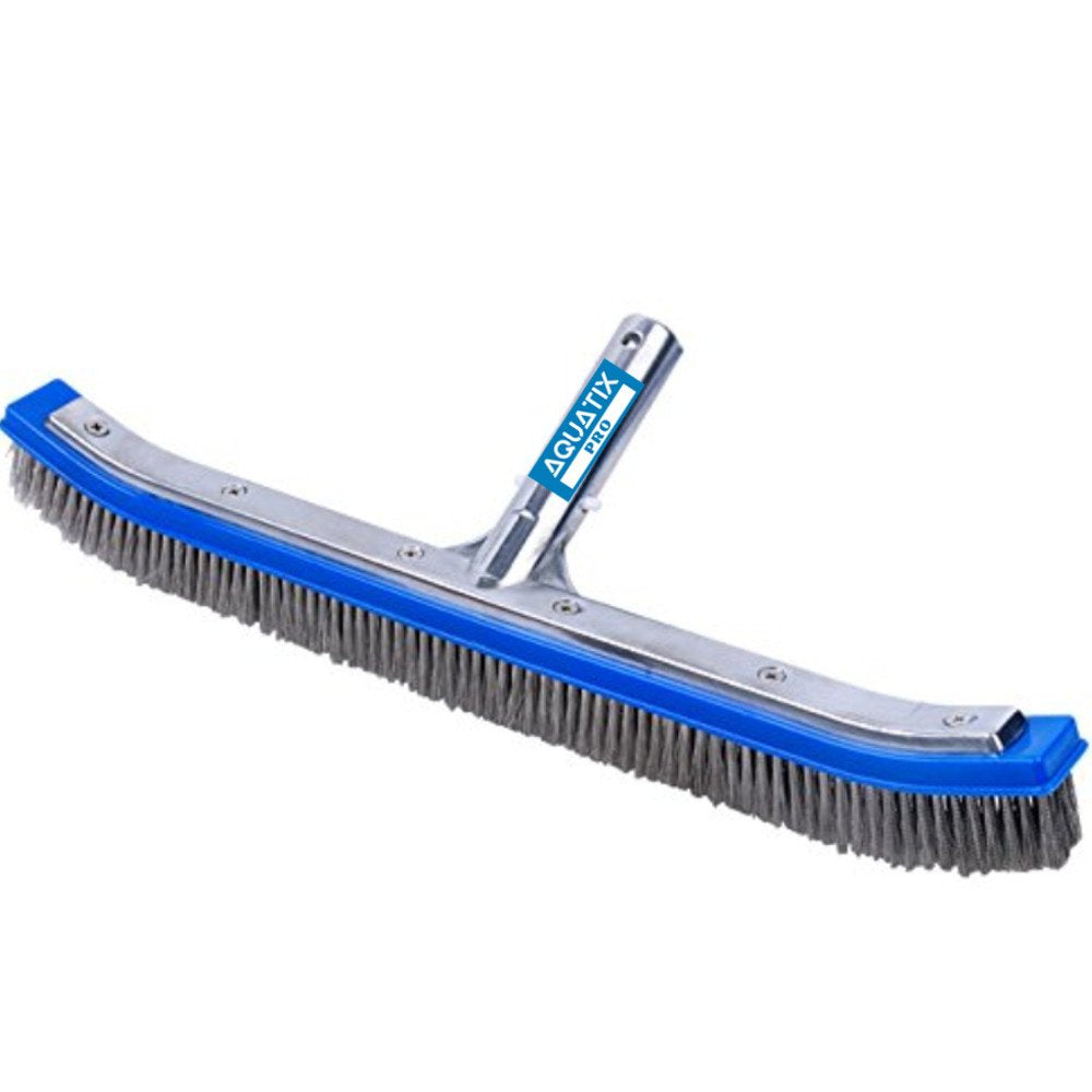 Aquatix Pro Pool Brush, 18' Heavy Duty Aluminium Back, Curved Ends For Corners, Scrub Brush W/Stainless Steel Bristles & Ez Cli