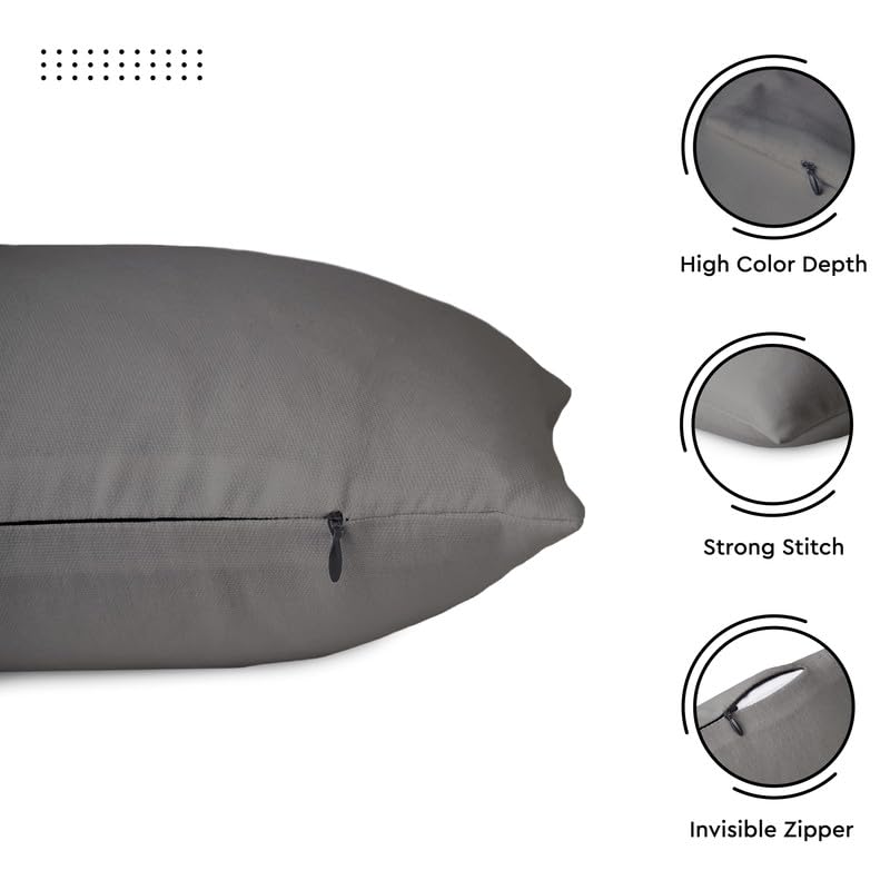 Cotton Canvas Throw Pillow Covers By Encasa Pack Of 2 Grey 12'X12' No Insert With Hidden Zipper | Decorative Cushion Covers Fo
