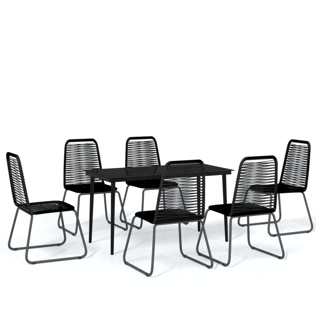 vidaXL 7 Piece Patio Dining Set - Black Powder-Coated Steel Frame with Glass Tabletop and PE Rattan Chairs for Outdoor Dining and Entertainment