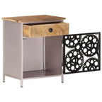 vidaXL Bedside Cabinet - Unique Bicycle Chain Wheel Door, Rough Mango Wood, Space-Savvy with Drawer for Storage, Requires Assembly