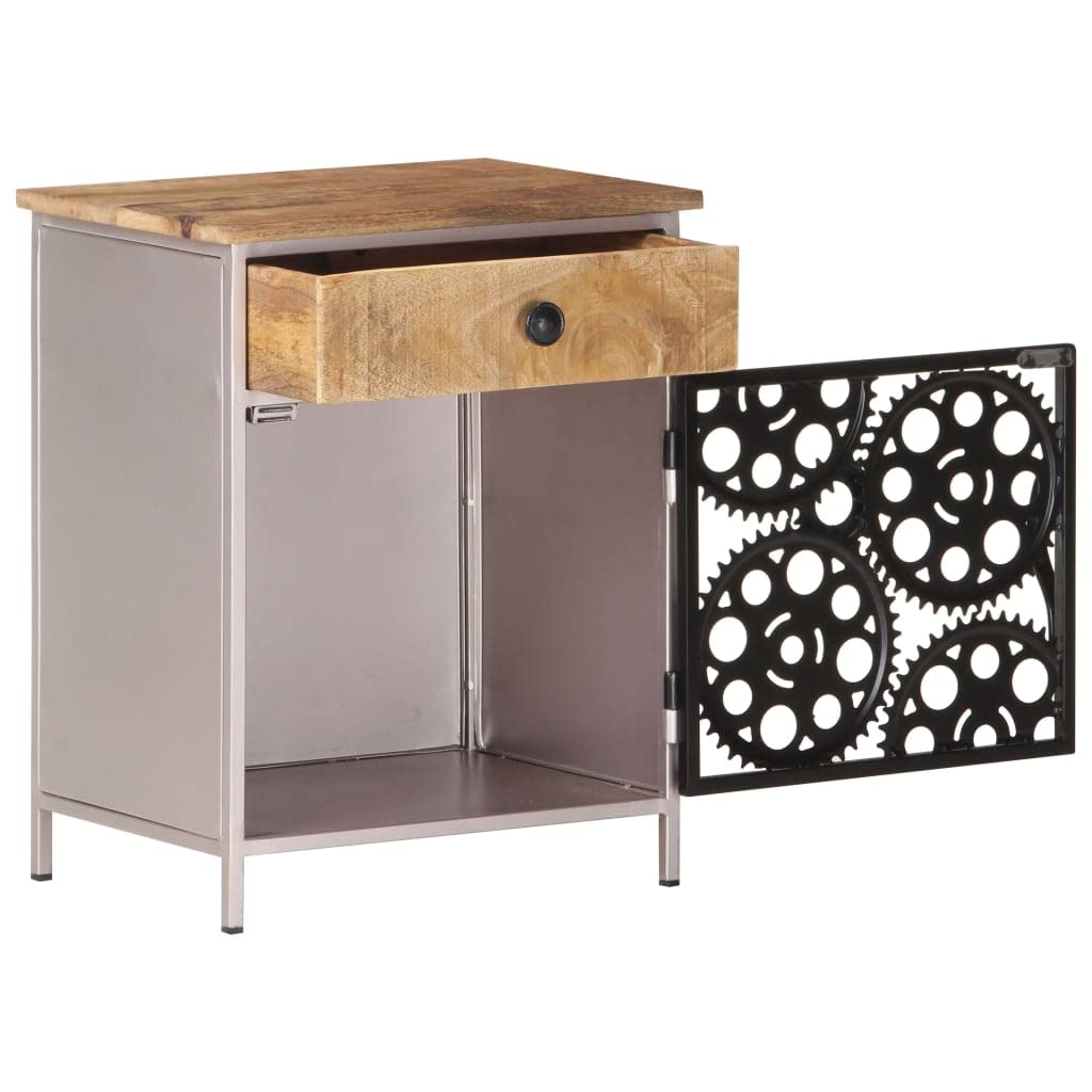 vidaXL Bedside Cabinet - Unique Bicycle Chain Wheel Door, Rough Mango Wood, Space-Savvy with Drawer for Storage, Requires Assembly