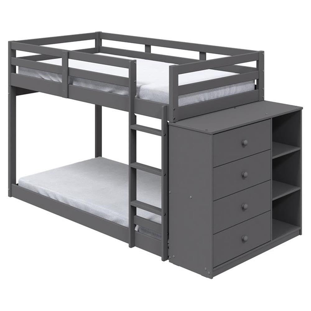 Acme Gaston Twin Over Twin Wooden Bunk Bed with Storage Cabinet in Gray