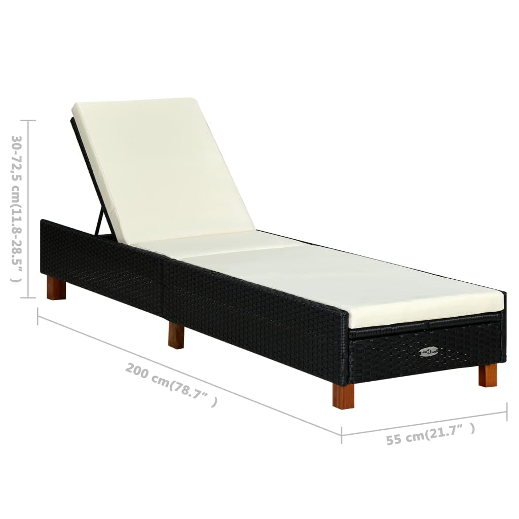 vidaXL Sunbed with Adjustable Backrest and Thick Cushion - Weather-Resistant PE Rattan and Sturdy Acacia Wood Legs - Versatile & Comfortable Outdoor Furniture, Black