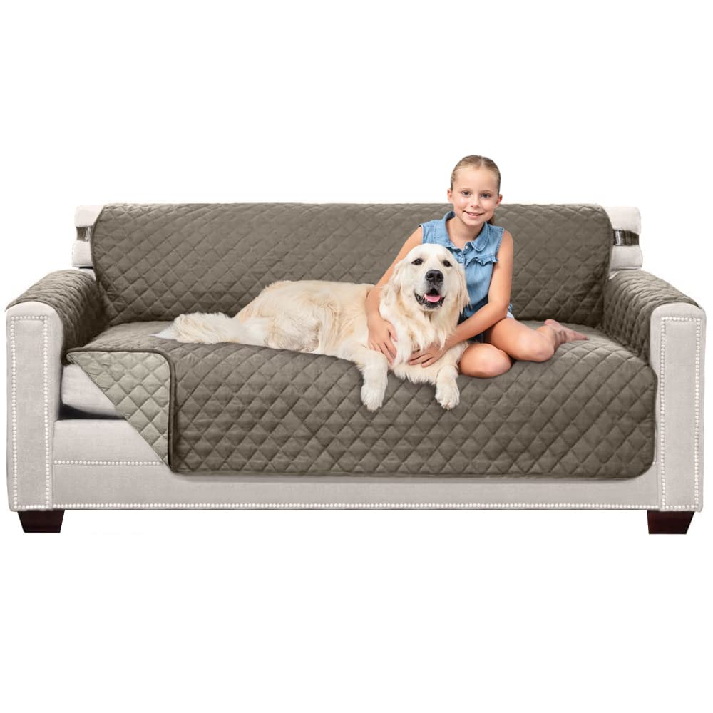Sofa Shield Patented Couch Slip Cover, Large Cushion Protector, Reversible Stain And Dog Tear Resistant Slipcover, Quilted Microfiber 70” Seat, Washable Covers For Dogs Pets Kids, Latte Linen