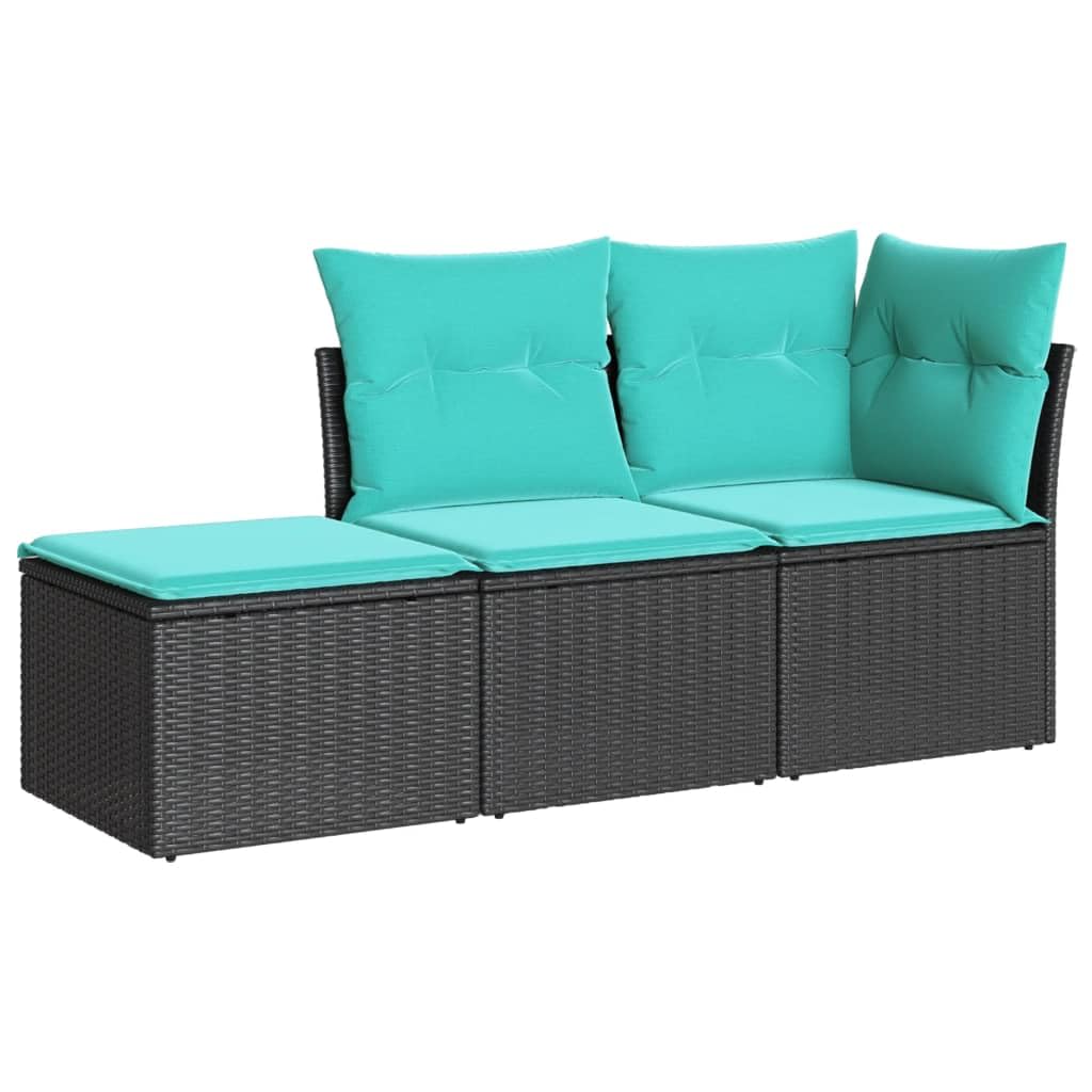 vidaXL Patio Sofa Set with Cushions, 3 Piece Poly Rattan Outdoor Furniture, Black and Blue, Modular Garden Seating, Weather-Resistant, Easy Wash Covers, Home Lounge Set