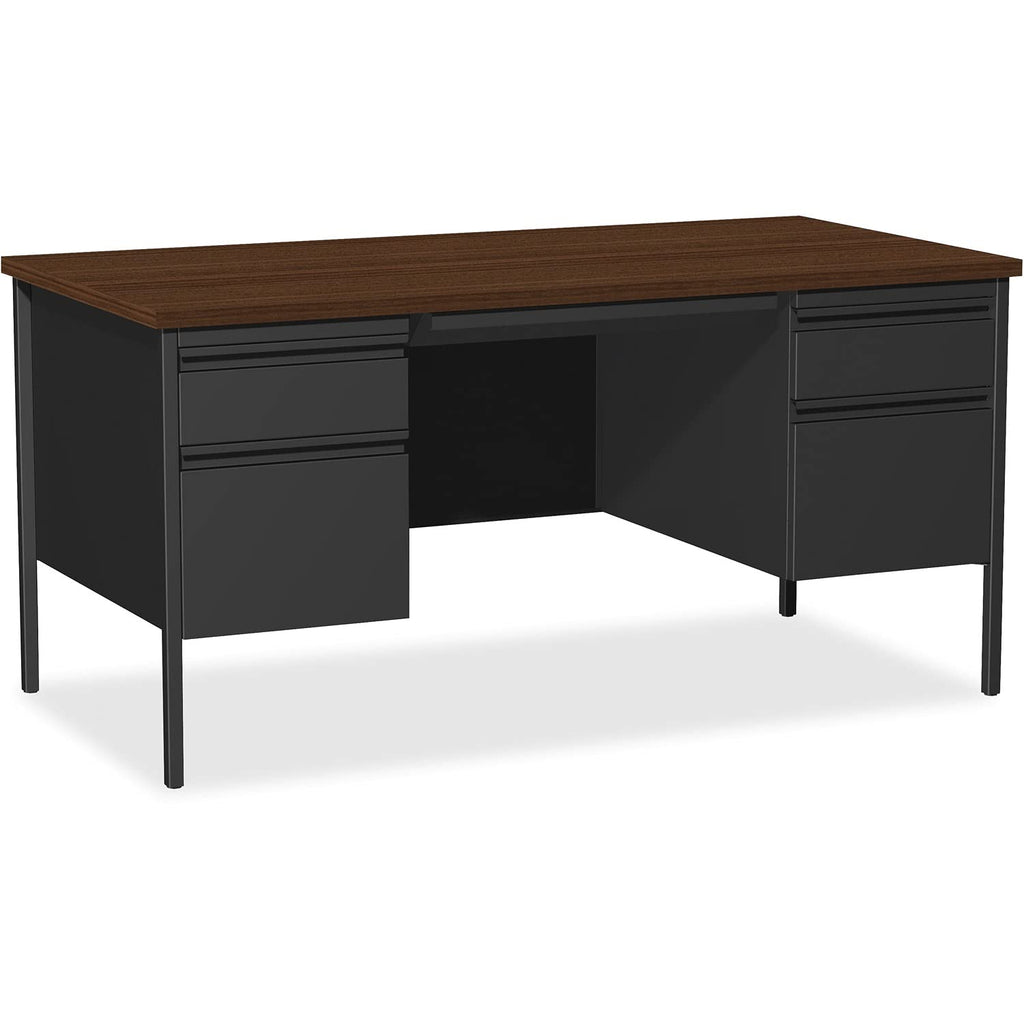Lorell Fortress Series Double Pedestal Desk, 60" x 30" x 29.5", Black Steel Frame with Walnut Top