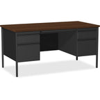 Lorell Fortress Series Double Pedestal Desk, 60" x 30" x 29.5", Black Steel Frame with Walnut Top
